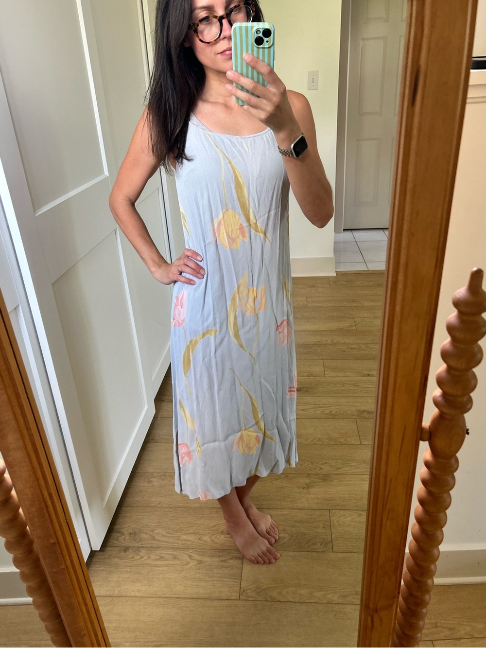 Vintage Light Blue Floral Slip Dress - Women's Summer Midi
